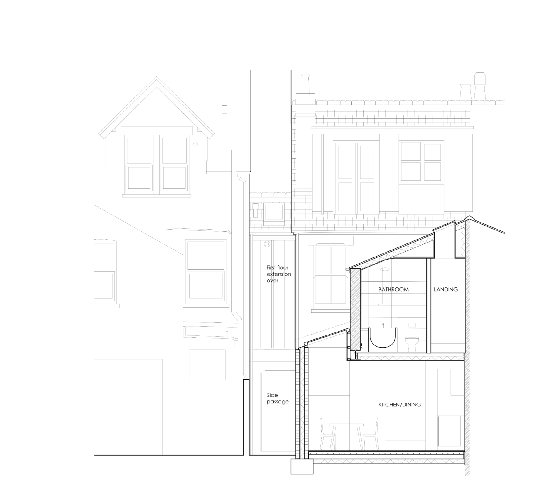 East Oxford side and over extension rear section drawing Resonant Architecture.